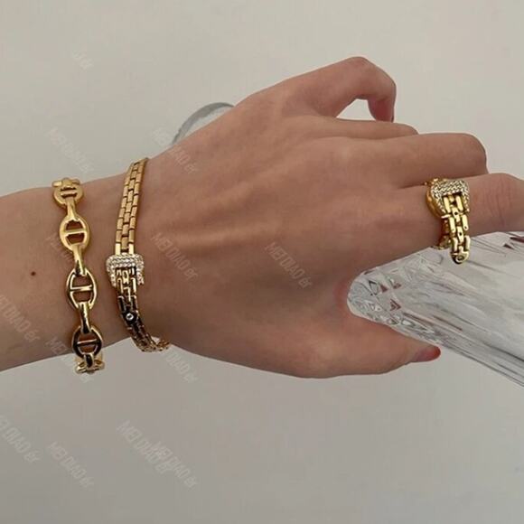 Jewelry - Gold Belt Buckle Bracelet Matching Ring Set, Zircon, Chain Link, Minimalist